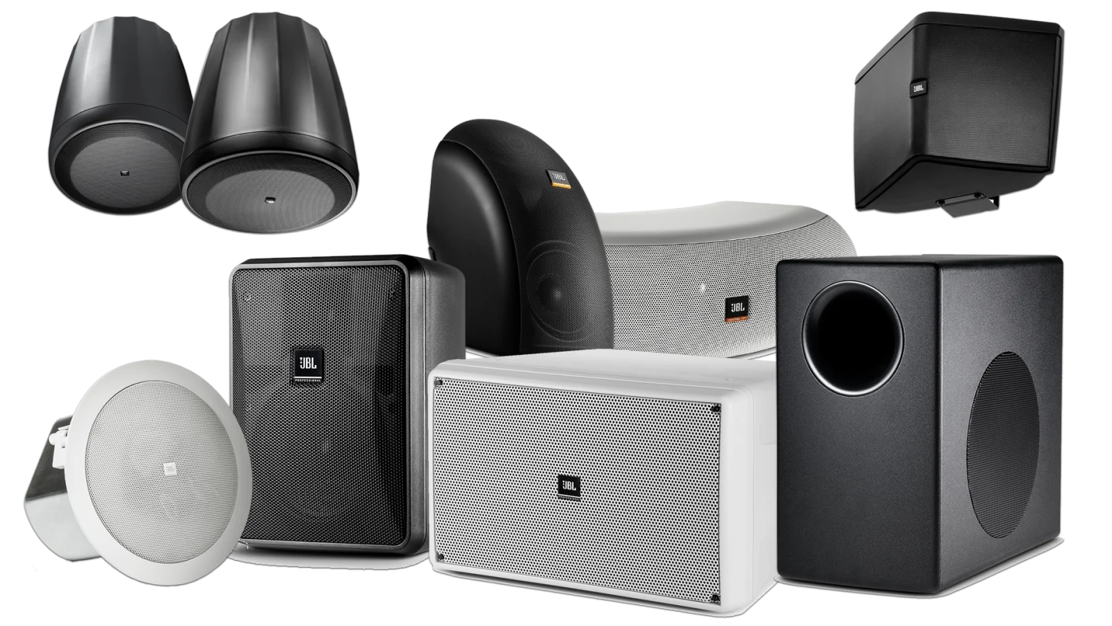 Línea de instalación JBL Professional: parlantes de pared, techo, colgantes y subwoofer